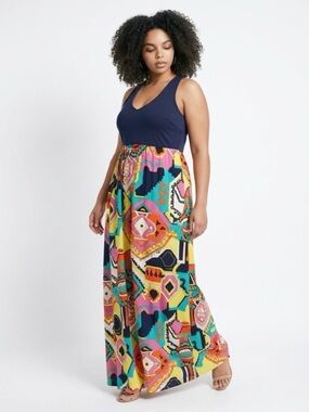 Sleeveless Navy Tank Maxi Dress with Multicolor Print Skirt